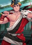  1boy bare_pectorals belt black_hair blurry blurry_background green_eyes hadanugi_dousa hades_(game) heterochromia highres holding holding_sword holding_weapon laurel_crown male_focus maorenc muscular muscular_male nipples pectorals short_hair single_bare_shoulder skull solo sword weapon wreath zagreus_(hades) 