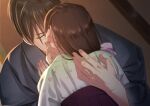  1boy 1girl brown_hair couple grey_kimono hakama hakama_skirt hand_on_another&#039;s_cheek hand_on_another&#039;s_chest hand_on_another&#039;s_face hetero hug indoors izumi_(stardustalone) japanese_clothes kimono kiss long_hair renri_no_chigiri_wo_kimi_to_shiru skirt 