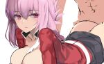  1boy 1girl black_skirt braid breasts closed_mouth fate/grand_order fate_(series) florence_nightingale_(fate) hetero implied_sex jacket kesoshirou large_breasts long_sleeves looking_at_viewer lying on_stomach pink_eyes pink_hair red_jacket sex simple_background sketch skirt solo_focus white_background 