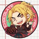  1boy :d alternate_costume alternate_hairstyle blonde_hair chibi chocolate coaster forked_eyebrows ken_masters male_focus one_eye_closed open_mouth short_hair smile solo street_fighter valentine yuiofire 