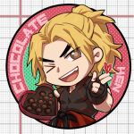  1boy :d alternate_costume alternate_hairstyle blonde_hair chibi chocolate coaster forked_eyebrows ken_masters lowres male_focus one_eye_closed open_mouth short_hair smile solo street_fighter valentine yuiofire 