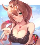  1girl absurdres akazawa_kureha bangs bare_shoulders bikini black_bikini blowing_kiss blush breasts brown_hair cleavage collarbone commentary eyewear_on_head green_eyes heart heart-shaped_eyewear highres horse_girl jewelry large_breasts long_hair looking_at_viewer maruzensky_(umamusume) necklace official_alternate_costume one_eye_closed open_mouth ponytail solo swimsuit umamusume 