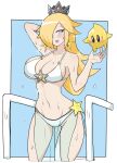 1girl absurdres arm_behind_head bikini blonde_hair blue_background blue_eyes blush breasts cleavage crown dripping hair_over_eyes heart heart-shaped_pupils highres large_breasts long_hair looking_at_viewer luma_(mario) mario_(series) navel open_mouth outside_border railing rosalina simple_background smile sparkle star_ornament super_mario_galaxy sweatdrop swimsuit symbol-shaped_pupils wet white-stew white_bikini wide_hips 