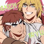  2boys arm_around_shoulder blonde_hair brown_hair dougi forked_eyebrows grin headband highres hug hug_from_behind ken_masters male_focus mature_male multiple_boys muscular muscular_male ryu_(street_fighter) short_hair smile street_fighter thick_eyebrows upper_body yuiofire 