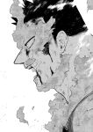  1boy blood blood_from_mouth blood_on_face boku_no_hero_academia close-up endeavor_(boku_no_hero_academia) face facial_hair fire from_side greyscale highres male_focus mature_male monochrome pain-lucky777 scar scar_across_eye short_hair sideburns solo spiked_hair steam stubble 
