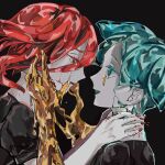  2others androgynous bangs black_background cinnabar_(houseki_no_kuni) colored_eyelashes commentary_request cracked_skin crying crying_with_eyes_open crystal_hair gem_uniform_(houseki_no_kuni) golden_arms green_eyes green_hair highres houseki_no_kuni long_bangs long_hair mercury_(element) molten_metal multiple_others peanutss31 phosphophyllite red_eyes red_hair red_nails short_hair smile strangling tears 