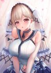  1girl :o azur_lane bangs bare_shoulders black_sailor_collar breasts brown_hair collarbone commentary_request curtains detached_sleeves dress eyebrows_visible_through_hair formidable_(azur_lane) formidable_(timeless_classics)_(azur_lane) hair_between_eyes large_breasts long_hair long_sleeves looking_at_viewer official_alternate_costume parted_lips petals red_eyes sailor_collar sailor_dress see-through sleeveless sleeveless_dress slime_(09261377) solo twintails very_long_hair white_dress white_sleeves 