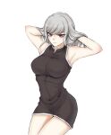  1girl adjusting_hair armpits arms_behind_head arms_up bangs bare_arms bare_shoulders black_dress breasts closed_mouth commentary_request cowboy_shot danganronpa_(series) danganronpa_2:_goodbye_despair dress expressionless eyebrows_visible_through_hair grey_hair hands_in_hair highres invisible_chair large_breasts legs_together long_hair looking_at_viewer pekoyama_peko red_eyes short_dress silver_hair simple_background sitting sleeveless sleeveless_dress solo white_background xuni_guodu_(calrxaqp) 