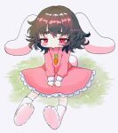 1girl animal_ears bangs black_hair carrot_necklace eyebrows_visible_through_hair floppy_ears frilled_skirt frills full_body grass highres inaba_tewi long_sleeves looking_down pink_shirt pink_skirt rabbit_ears rabbit_tail red_eyes renakobonb shirt short_hair simple_background sitting skirt solo tail touhou white_background white_footwear 