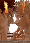  2boys bara boku_no_hero_academia couple cover cover_page doujin_cover endeavor_(boku_no_hero_academia) eye_contact facial_hair forehead-to-forehead hand_on_another&#039;s_chin hands_on_own_face hawks_(boku_no_hero_academia) heads_together highres looking_at_another male_focus mature_male multiple_boys muscular muscular_male noses_touching pain-lucky777 short_hair sideburns smile spiked_hair stubble yaoi 
