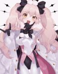  1girl animal_ear_fluff animal_ears bangs black_bow black_gloves blush bow breasts cloak coattails collared_shirt corset dress_shirt fate/grand_order fate_(series) fox_tail gloves hair_between_eyes hair_bow highres koyanskaya_(fate) large_breasts long_hair long_sleeves looking_at_viewer meloettta open_mouth pantyhose pink_hair rabbit_ears shirt sidelocks solo tail tamamo_(fate) thighs twintails underbust white_cloak white_legwear white_shirt yellow_eyes 