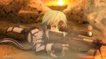  1girl aiming anti-materiel_rifle bangs belt_pouch black_footwear black_gloves black_shorts blue_eyes blue_hair blurry blurry_background butt_crack chaps cloud commentary fingerless_gloves firing gloves green_jacket green_legwear gun hair_between_eyes hair_ornament hairclip highres holding jacket long_sleeves lying mysteryctu on_stomach outdoors pgm_hecate_ii pouch rifle scarf shadow shoes short_hair short_hair_with_long_locks short_shorts shorts sidelocks signature sinon sniper_rifle solo sunset sword_art_online trigger_discipline weapon 