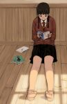 1girl autumn_leaves barefoot black_skirt braid brown_hair cardigan closed_mouth holding indoors long_hair long_sleeves manga_(object) miniskirt necktie original pleated_skirt reading red_cardigan school_uniform sitting skirt smile soles solo striped striped_neckwear tachibana_roku toes twin_braids wooden_floor 
