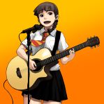  1girl :d acoustic_guitar black_skirt braid brown_hair collared_shirt cowboy_shot guitar hair_ornament hairclip highres holding holding_instrument holding_plectrum instrument looking_at_viewer low_twintails microphone microphone_stand miniskirt music necktie open_mouth orange_background original playing_instrument red_neckwear school_uniform shirt short_sleeves skirt smile solo striped striped_neckwear tachibana_roku twin_braids twintails white_shirt wing_collar 