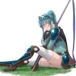  1girl absurdres alternate_costume aqua_hair armor armored_boots black_cape blue_eyes boots brown_gloves cape commentary cosplay earrings eirika_(fire_emblem) english_commentary ephraim_(fire_emblem) ephraim_(fire_emblem)_(cosplay) eyebrows_visible_through_hair fire_emblem fire_emblem:_the_sacred_stones fire_emblem_heroes gloves grass highres holding holding_polearm holding_spear holding_weapon jewelry lips long_hair long_sleeves looking_at_viewer miniskirt official_alternate_costume parted_lips polearm ponytail sabergoetia shoulder_armor sidelocks simple_background sitting skirt solo spear teeth thighhighs weapon white_background white_legwear white_skirt 