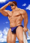  1boy abs alternate_costume armpit_hair armpit_peek bara bare_pectorals beach blue-framed_eyewear blue_male_swimwear boku_no_hero_academia bulge chest_hair endeavor_(boku_no_hero_academia) facial_hair feet_out_of_frame flame_print hand_on_own_face highres large_pectorals leg_hair male_focus mature_male muscular muscular_male navel_hair nipples pain-lucky777 pectorals print_male_swimwear scar scar_across_eye short_hair sideburns sky solo spiked_hair stomach stubble summer sun sunglasses sunlight sweat thick_thighs thighs water 