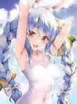  1girl :d animal_ear_fluff animal_ears armpits arms_up bangs bare_shoulders blue_hair blue_sky blush braid breasts casual_one-piece_swimsuit covered_navel day eyebrows_visible_through_hair gradient_eyes hololive kubota_masaki looking_at_viewer multicolored multicolored_eyes multicolored_hair one-piece_swimsuit open_mouth orange_eyes outdoors purple_eyes rabbit_ears round_teeth school_swimsuit sky small_breasts smile swimsuit teeth thick_eyebrows twin_braids two-tone_hair upper_teeth usada_pekora virtual_youtuber white_hair white_swimsuit 