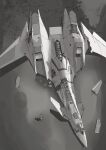  1girl aircraft airplane animal_ears damaged fighter_jet from_above grass greyscale hitomoji_momotarou jet military military_vehicle monochrome original shadow solo tree vehicle_focus walking 