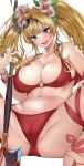  1girl absurdres bangs bare_shoulders bikini blonde_hair blue_eyes blush breasts cleavage collarbone eyewear_on_head flower granblue_fantasy hair_intakes hibiscus highres large_breasts long_hair looking_at_viewer navel open_mouth polearm red_bikini shawl shino_(comic_penguin_club) side-tie_bikini simple_background smile solo spear spread_legs sunglasses swimsuit twintails weapon white_background zeta_(granblue_fantasy) 