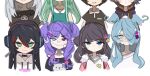  6+girls ban_hada bandaid bandaid_on_nose black_hair blue_eyes blue_hair collarbone elira_pendora expressionless finana_ryugu green_eyes grey_hair hair_ornament hair_over_one_eye hairclip head_wings heterochromia highres hood hoodie hyona_elatiora jacket jitome looking_at_viewer mika_melatika multicolored_hair multiple_girls nijisanji nijisanji_en nijisanji_id nijisanji_kr off_shoulder one_eye_covered onionsketch petra_gurin pink_jacket purple_hair red_eyes red_hair selen_tatsuki side_bun song_mia streaked_hair sweater virtual_youtuber white_hoodie white_sweater 