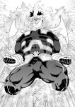  1boy bara beard biceps boku_no_hero_academia bulge covered_abs covered_navel cropped_legs endeavor_(boku_no_hero_academia) erection erection_under_clothes facial_hair fire flexing floating greyscale highres large_pectorals male_focus mature_male monochrome muscular muscular_male outstretched_arms pain-lucky777 pectorals pose scar scar_across_eye short_hair sideburns skin_tight solo spiked_hair spread_arms thick_thighs thighs 