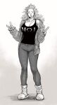  1girl alternate_costume black_tank_top boots casual closed_eyes clothes_writing dorohedoro double_v full_body highres long_hair monochrome muscular muscular_female namesake noi_(dorohedoro) open_mouth pants tank_top toned uei_(uei73661268) v white_footwear white_hair 