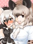  2girls aardwolf_(kemono_friends) aardwolf_ears aardwolf_print animal_ears arm_around_neck bangs bare_shoulders black_eyes black_hair black_necktie blush breast_pocket breast_press breasts brown_hair collarbone couple dress_shirt elbow_gloves extra_ears flustered food food_in_mouth fur_collar gloves grey_eyes grey_hair hair_between_eyes hand_on_another&#039;s_chest hands_up heart heart_background height_difference highres holding_hands hyena_ears kemono_friends large_breasts light_smile long_hair looking_at_viewer looking_to_the_side morino_(morino03) mouth_hold multicolored_hair multiple_girls necktie nervous_smile nose_blush open_mouth pink_background pocket print_gloves print_shirt shirt short_sleeves sidelocks silver_hair sleeveless sleeveless_shirt smile spotted_hyena_(kemono_friends) taut_clothes taut_shirt teeth_hold two-tone_hair upper_body white_shirt wing_collar yuri 