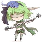  1girl bangs belt black_bow black_hairband blindfold bow bow_(weapon) bow_hairband bra_strap brown_belt camouflage_scarf chibi closed_mouth commentary_request fingerless_gloves full_body gloves green_gloves green_hair green_legwear green_scarf green_shorts green_tube_top hairband holding holding_bow_(weapon) holding_weapon midriff natsuya_(kuttuki) navel pouch ragnarok_online ranger_(ragnarok_online) scarf short_hair shorts simple_background smile solo thighhighs weapon white_background wolf 