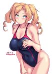 1girl black_swimsuit blonde_hair blue_eyes breasts cleavage competition_swimsuit cowboy_shot dated drill_hair highres honolulu_(kancolle) kantai_collection large_breasts long_hair looking_at_viewer montemasa multicolored multicolored_clothes multicolored_swimsuit one-hour_drawing_challenge one-piece_swimsuit simple_background smile solo swimsuit twin_drills twintails twitter_username white_background 