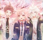  1girl 2boys :d bangs black_shirt blush breast_pocket breasts cherry_blossoms collarbone collared_shirt danganronpa_(series) danganronpa_2:_goodbye_despair dress_shirt flipped_hair green_jacket green_neckwear hair_between_eyes hair_ornament hands_up highres hinata_hajime hood hood_down jacket komaeda_nagito light_brown_hair looking_at_viewer medium_breasts medium_hair multiple_boys nanami_chiaki neck_ribbon necktie open_clothes open_jacket open_mouth paw_pose pink_eyes pink_hair pink_ribbon pocket print_shirt ribbon shirt shirt_tucked_in short_hair skirt smile snow_finale tree upper_teeth white_shirt 