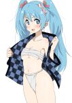  1girl :d blue_eyes blue_hair blush breasts cleavage fundoshi furuyama_itaru hairband hatsune_miku japanese_clothes long_hair looking_at_viewer navel open_clothes open_mouth sarashi simple_background smile solo twintails vocaloid white_background 