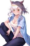  absurdres animal_ears arm_on_knee bangs black_hanekawa black_pants blue_shirt blush breasts cat_ears cleavage collarbone commentary fang hand_on_lap hand_on_own_leg hanekawa_tsubasa highres knee_up looking_at_viewer monogatari_(series) nekomonogatari nekomonogatari_white nose_blush open_clothes open_shirt pants shadow shirt short_hair short_hair_with_long_locks short_sleeves sidelocks simple_background sitting slit_pupils undershirt wavy_hair white_background white_hair white_shirt yellow_eyes yuunamida_uyu 