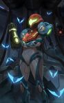  1girl arm_cannon armor bug butterfly e.m.m.i._(metroid) glowing gun helmet insect metroid metroid_dread power_armor samus_aran science_fiction sidelocks simple_background solo upper_body varia_suit visor weapon yagaminoue 