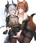  2girls animal_ear_fluff animal_ears arknights bangs beruko14 black_gloves black_shorts black_skirt blush braid breast_press breasts brown_jacket brown_legwear bulletproof_vest collarbone cowboy_shot dragon_girl dragon_horns dragon_tail electricity eyebrows_visible_through_hair fingering fox_ears fox_girl fox_tail franka_(arknights) gloves heart heavy_breathing highres horns jacket large_breasts legwear_under_shorts liskarm_(arknights) liskarm_(overload)_(arknights) long_sleeves looking_at_another miniskirt multiple_girls nipples no_panties official_alternate_costume one_eye_closed open_clothes open_jacket pencil_skirt ponytail pussy_juice red_eyes short_hair short_ponytail short_shorts shorts sidelocks silver_hair simple_background skirt tail tears thigh_strap topless torn_clothes torn_legwear upskirt white_background yuri 