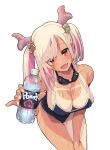  1girl :d bottle breasts cleavage fang goggles goggles_around_neck hair_ornament highres holding holding_bottle horns indie_virtual_youtuber large_breasts looking_at_viewer multicolored_hair one-piece_swimsuit open_mouth pink_hair red_eyes satou_daiji simple_background skin_fang smile solo sweat swimsuit tan tanlines tsuzura_amo two-tone_hair virtual_youtuber wet white_background white_hair 