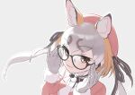  :3 adjusting_eyewear alternate_eyewear animal_ears beret black_shirt blush commentary_request eyebrows_visible_through_hair fox_ears fox_girl fur_trim glasses grey_hair hair_tie hat highres island_fox_(kemono_friends) jacket kemono_friends long_sleeves looking_at_viewer microphone multicolored_hair necktie official_alternate_costume orange_eyes orange_hair orange_jacket pink_headwear shirt twintails two-tone_hair uubira_nu_issha virtual_youtuber white_fur white_neckwear 