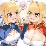  3girls ahoge artoria_pendragon_(fate) bangs blonde_hair blue_dress blue_ribbon blush braid breasts cheek_pinching chibi cleavage cleavage_cutout closed_eyes clothing_cutout commentary_request dress epaulettes eyebrows_visible_through_hair fate/extra fate/grand_order fate/stay_night fate_(series) french_braid green_eyes grey_jacket hair_between_eyes hair_bun hair_intakes hair_over_one_eye hair_ribbon highres jacket juliet_sleeves large_breasts light_purple_hair long_hair long_sleeves mash_kyrielight medium_breasts multiple_girls necktie nero_claudius_(fate) nero_claudius_(fate/extra) open_mouth pinching puffy_sleeves red_dress red_ribbon ribbon saber short_hair sidelocks simple_background smile white_background yayoi_maka 