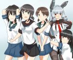  5girls adapted_costume bangs black_hair blunt_bangs blush breasts brown_hair collarbone dress fang fubuki_(kancolle) hatsuyuki_(kancolle) highres kantai_collection long_hair medium_breasts medium_hair miyuki_(kancolle) multiple_girls murakumo_(kancolle) neckerchief necktie pantyhose pleated_skirt sailor_collar school_uniform serafuku shirayuki_(kancolle) short_hair short_sleeves sidelocks silver_hair simple_background skirt strapless strapless_dress subaru_izumi thighband_pantyhose undershirt very_long_hair 