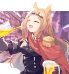  1girl alcohol archetto_(arknights) arknights beer beer_mug blonde_hair blush breasts cape closed_eyes commentary_request cup drinking dual_wielding epaulettes eyebrows_visible_through_hair feather_hair gloves highres holding long_hair mug open_mouth red_cape small_breasts solo tiara very_long_hair yonago_miko 