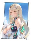  1girl bangs bare_shoulders blonde_hair breasts chest_jewel cleavage cleavage_cutout clothing_cutout dress elbow_gloves gloves hinot large_breasts long_hair mythra_(xenoblade) short_dress solo swept_bangs tiara very_long_hair white_dress white_gloves xenoblade_chronicles_(series) xenoblade_chronicles_2 yellow_eyes 