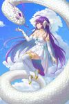  1girl absurdres bare_shoulders blue_sky breasts cleavage closed_mouth cloud cloudy_sky dress feather_hair floating full_body gloves high_heels highres honkai_(series) honkai_impact_3rd long_sleeves lord_boros_(bouluosi) purple_eyes purple_hair raiden_mei sky sleeveless sleeveless_dress smile snake solo tongue tongue_out white_dress white_gloves white_legwear white_snake yellow_footwear 
