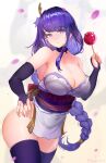  1girl absurdres breasts candy_apple cleavage food genshin_impact highres japanese_clothes kimono large_breasts long_hair purple_eyes purple_hair raiden_shogun revision showerz thighhighs 