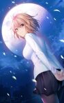  1girl arcueid_brunestud arms_behind_back artist_name bangs black_legwear casual cloud cloudy_sky commentary_request eyebrows_visible_through_hair full_moon hair_between_eyes highres light_brown_hair long_sleeves looking_at_viewer moon night night_sky pantyhose petals pleated_skirt red_eyes rimuu shirt short_hair sidelocks skirt sky smile solo tsukihime tsukihime_(remake) watermark white_shirt wind 