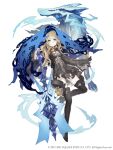  1girl alternate_eye_color black_dress blonde_hair blue_eyes boots corruption dress empty_eyes flat_chest frown full_body glowing glowing_eyes high_heel_boots high_heels ji_no lock long_hair looking_at_viewer official_art padlock red_riding_hood_(sinoalice) sinoalice solo spirit square_enix thigh_boots thighhighs torn_clothes white_background wolf 