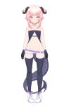  1girl absurdres ankle_boots belt black_legwear blush boots closed_mouth commentary english_commentary flat_chest full_body highres horns klaius looking_at_viewer medium_hair micro_shorts navel original pigeon-toed pink_belt pink_hair purple_eyes shorts simple_background smile solo standing tachi-e tail thighhighs virtual_youtuber white_background white_footwear white_shorts 