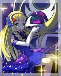  1girl absurdres bangs blonde_hair blue_dress blunt_bangs braid dress gen_7_pokemon green_eyes highres legendary_pokemon lillie_(pokemon) long_hair lunala peppedayo_ne pokemon pokemon_(game) pokemon_masters_ex twin_braids 