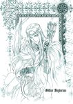  1boy arrow_(projectile) blue_theme cape circlet closed_mouth elf gildor harp highres holding holding_instrument instrument kazuki-mendou legendarium long_hair looking_at_viewer male_focus monochrome pointy_ears robe signature sitting smile solo the_lord_of_the_rings 