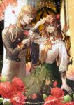  1boy 1girl blonde_hair blue_eyes blurry blurry_background brown_hair chee_(hyunjjang030) flower green_skirt hand_up highres long_hair long_neck orange_neckwear original pants rose shirt skirt smile standing uniform white_pants white_shirt 