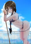  1girl bangs bikini black_bikini blue_eyes blue_sky braid breasts brown_hair cleaning_brush cloud commentary_request cowboy_shot dress hair_between_eyes hair_over_shoulder leaning_forward long_hair looking_at_viewer love_live! love_live!_nijigasaki_high_school_idol_club ousaka_shizuku railing sailor_collar sailor_dress satolive20 see-through sidelocks single_braid sky small_breasts smile solo swimsuit 