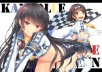  2girls :d :q absurdres bangs black_hair blush brown_eyes brown_hair checkered checkered_flag closed_mouth elbow_gloves eyebrows_visible_through_hair flag gloves hairband highres holding horosuke isokaze_(kancolle) kantai_collection licking_lips long_hair long_sleeves looking_at_viewer looking_back midriff miniskirt multiple_girls open_mouth pleated_skirt race_queen red_eyes shiny shiny_hair shiny_skin short_hair short_sleeves shorts simple_background skirt smile tanikaze_(kancolle) thighhighs tongue tongue_out white_background white_gloves white_legwear 
